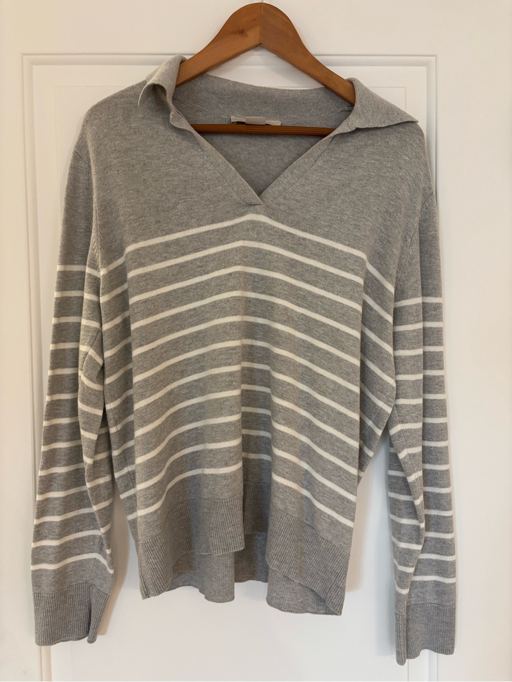 LOFT Grey & White Striped Collared V-Neck Knit Sweater